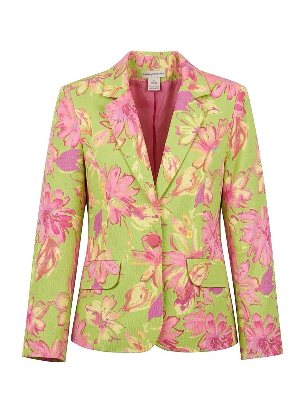 SUSAN GRAVER Green Pink Floral Stretch Cotton Jacket Blazer Women's Size 14